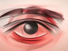 a painting of modern art of a red eye in the morning